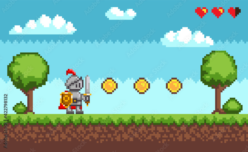 Obraz premium Pixel-game knight brave character in armor. Natural landscape with warrior holding shield and sword