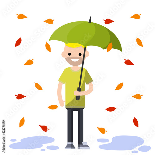 Cartoon flat illustration. Protection from Bad autumn weather with clouds. Drops of water fall down.
