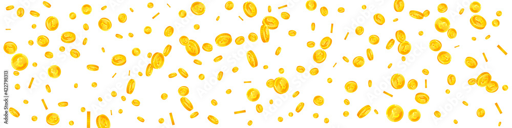 British pound coins falling. Awesome scattered GBP coins. United Kingdom money. Original jackpot, wealth or success concept. Vector illustration.