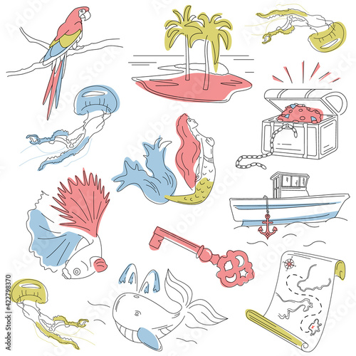 Cute baby linear icons about sea adventures. Simple illustrations for children's books, magazines, coloring pages. Set of prints for clothes. Logo for animator, kindergarten, baby goods store, food