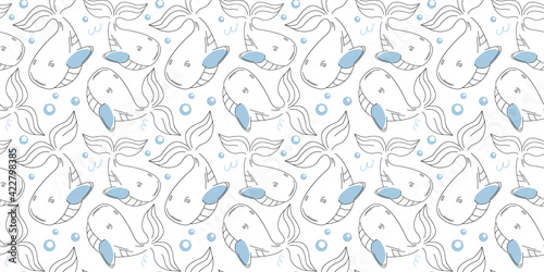 Cartoon seamless pattern for little boy's bedroom with blue whales. Design for wallpaper, bedding, baby clothes, book covers, coloring books, encyclopedias about the sea world. Big cute blue whale.