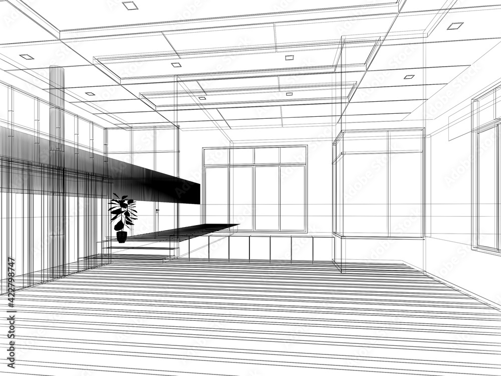 sketch design of interior hall, 3d rendering