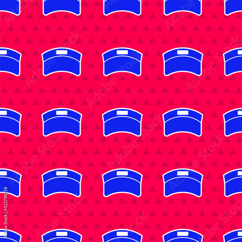 Blue Sun visor cap icon isolated seamless pattern on red background. Sport equipment. Sports uniform. Vector