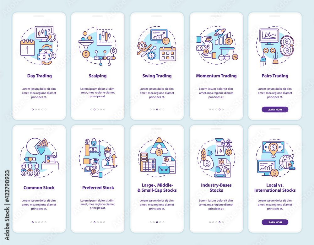 Buying and selling stocks onboarding mobile app page screen with concepts set. Trading style, type walkthrough 5 steps graphic instructions. UI, UX, GUI vector template with linear color illustrations
