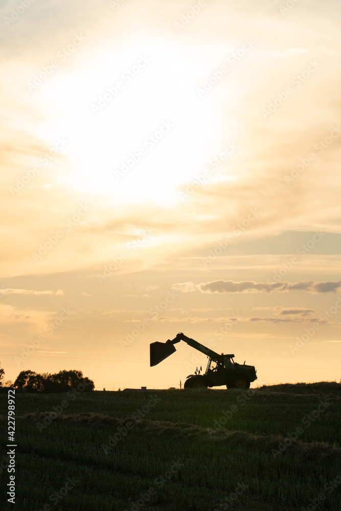 Fototapeta premium Silhouette of a working excavator with a raised bucket against the background of sunset and clouds. The field is operated by agricultural machinery. The season of harvesting or planting the crop.