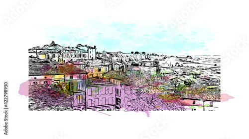 Building view with landmark of Poitiers is a city in western France. Watercolour splash with hand drawn sketch illustration in vector.