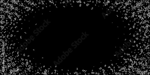 Falling numbers, big data concept. Binary white messy flying digits. Bizarre futuristic banner on black background. Digital vector illustration with falling numbers.