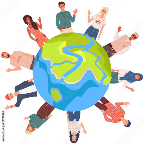 People in national clothes stand around planet earth. Multicultural characters show greeting gesture