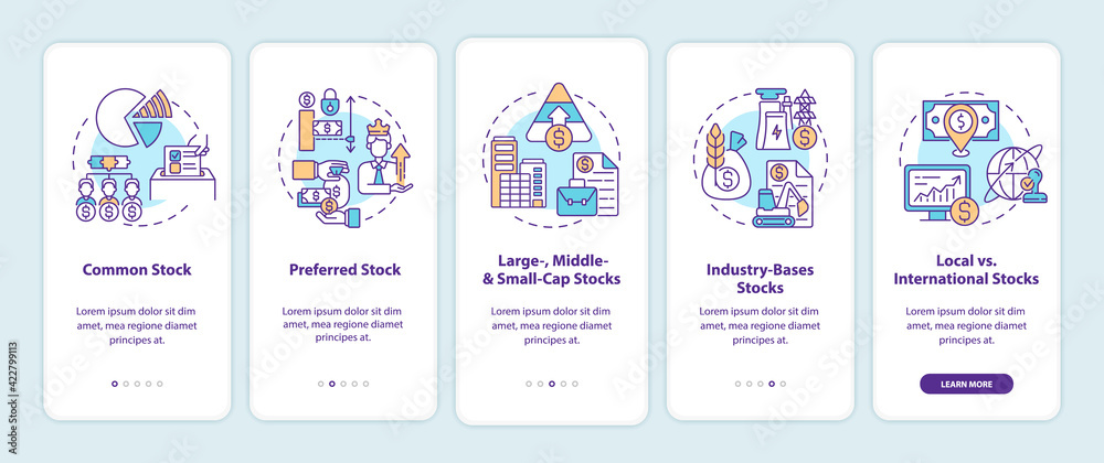 Stocks types onboarding mobile app page screen with concepts. Common ...