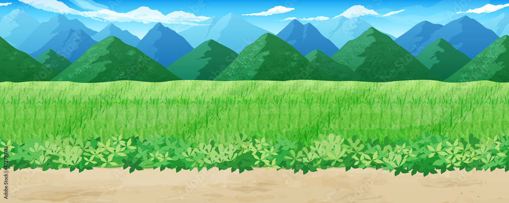 田んぼと山の風景イラスト あぜ道 横スクロールゲームの背景 シームレス Stock Vector Adobe Stock
