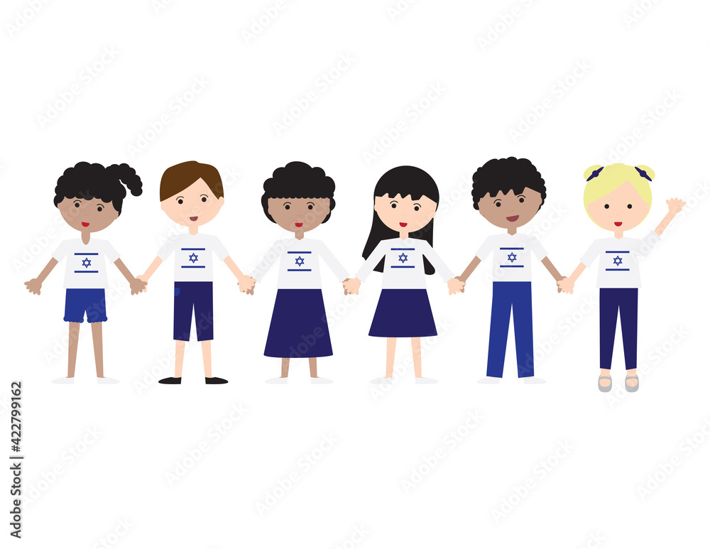 Kids wearing White shirts with Israeli flag and Blue pants or skirts, standing and holding hands Kids wearing White shirts with Israeli flag and Blue pants or skirts, standing and holding hands