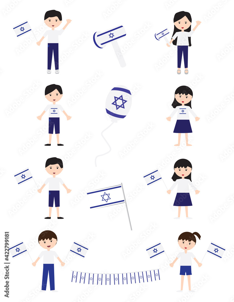 Set of Israeli kids characters with Blue White Israeli flags on White background Set of Israeli kids characters with Blue White Israeli flags on White background