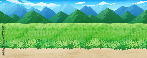 田んぼと山の風景イラスト_あぜ道_横スクロールゲームの背景_シームレス