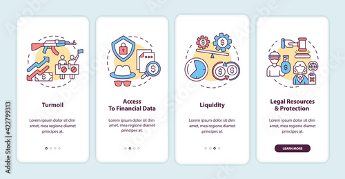 International stock challenges onboarding mobile app page screen with concepts. Turmoil, liquidity walkthrough 4 steps graphic instructions. UI, UX, GUI vector template with linear color illustrations