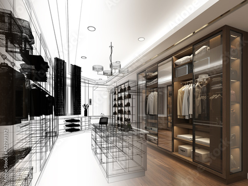 sketch design of interiorwalk-in closet,3d rendering