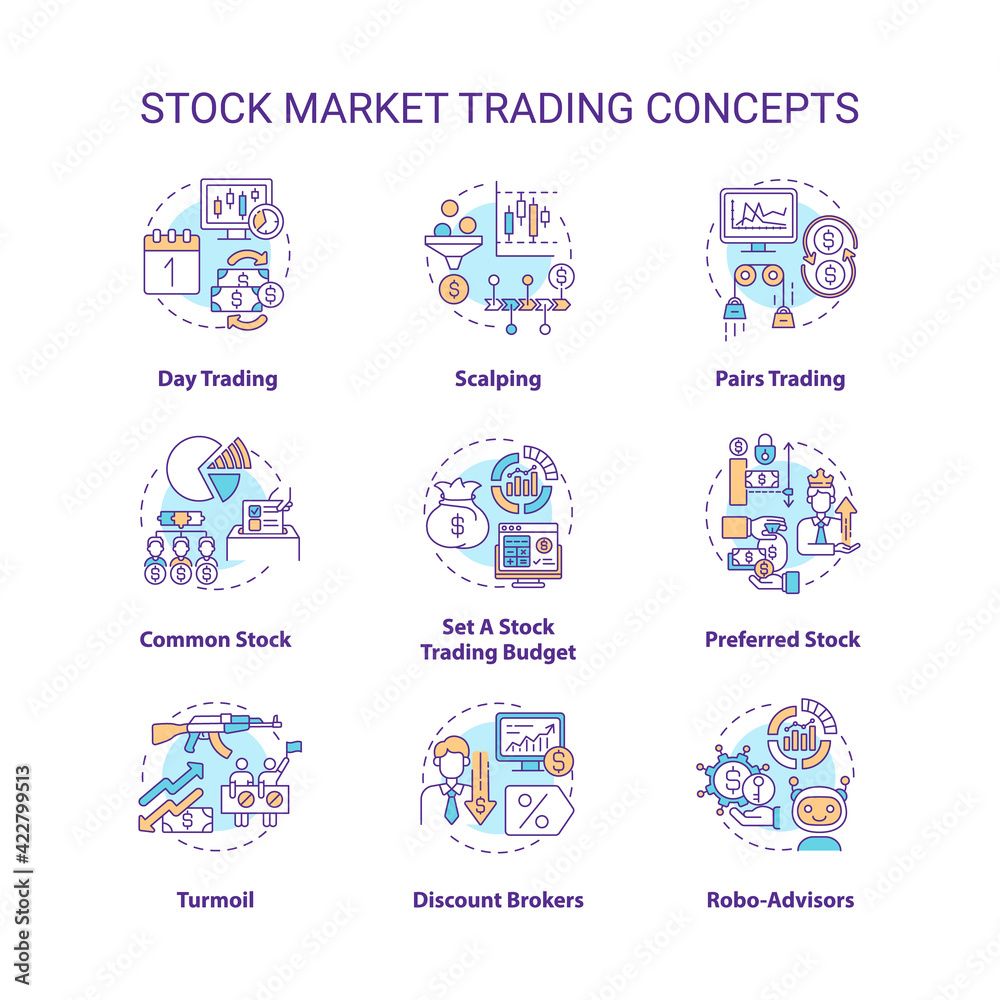 Stock market trading concept icons set. Investing in stock idea thin line RGB color illustrations. Day trader. Common, preferred type. Setting budget. Vector isolated outline drawings. Editable stroke