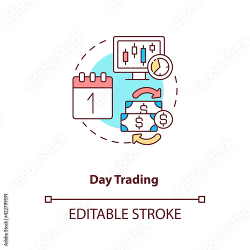 Day trading concept icon. Stock trading strategy idea thin line illustration. Making profits. Operating with assets through single day. Vector isolated outline RGB color drawing. Editable stroke