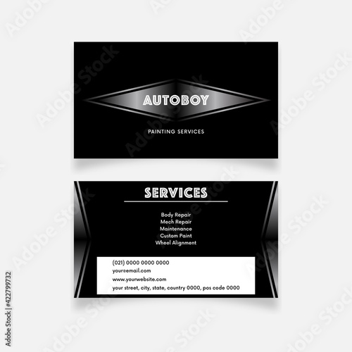 Garage Body repairs, paint, wheel with silver metal design, business card template ai and eps10