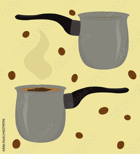 Isolated ibrik or cezve. Pot with a long handle for brewing Turkish coffee. Metal pot for making coffee, warming water. Empty ibrik and ibrik with hot coffee. Coffee beans. Flat vector illustration
