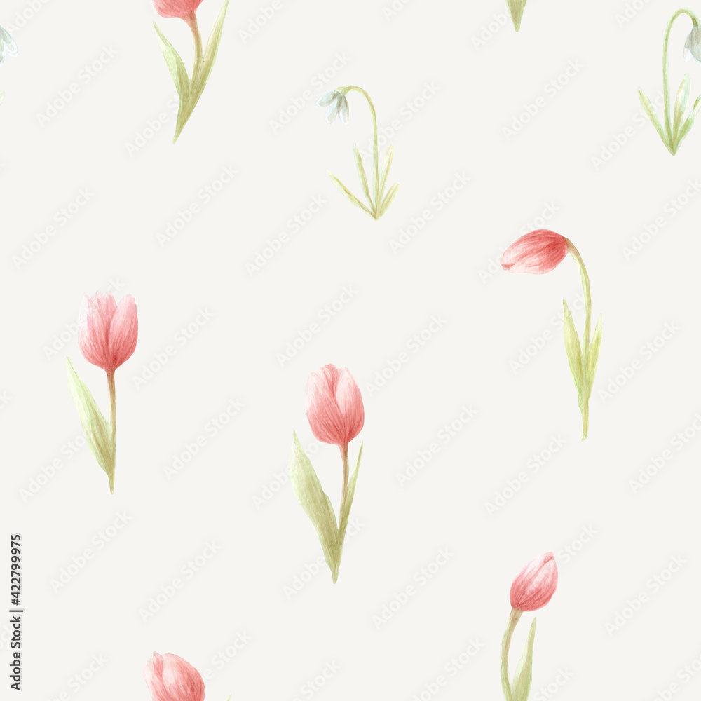 Seamless pattern of watercolor garden flowers