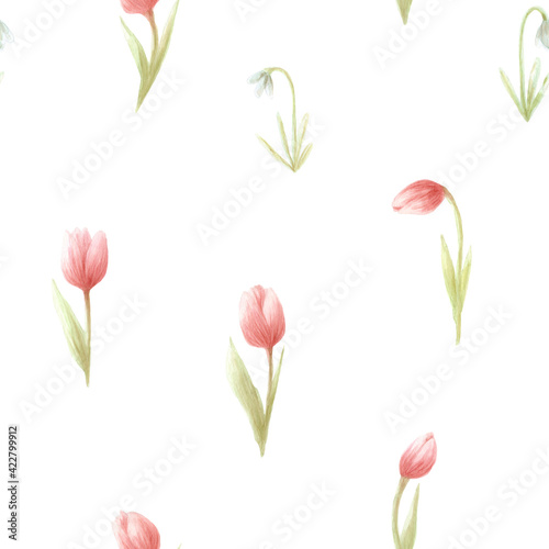 Seamless pattern of watercolor garden flowers