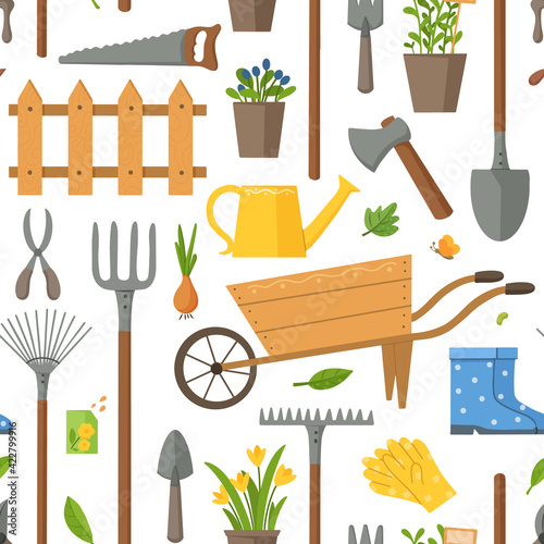Garden seamless pattern with tools and plants. Gardening or horticulture concept. Design for print, packaging, wallpaper, textil. Flat vector illustration.