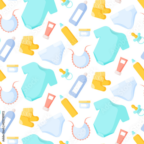 Seamless pattern with baby stuff. Vector illustration isolated on white background.