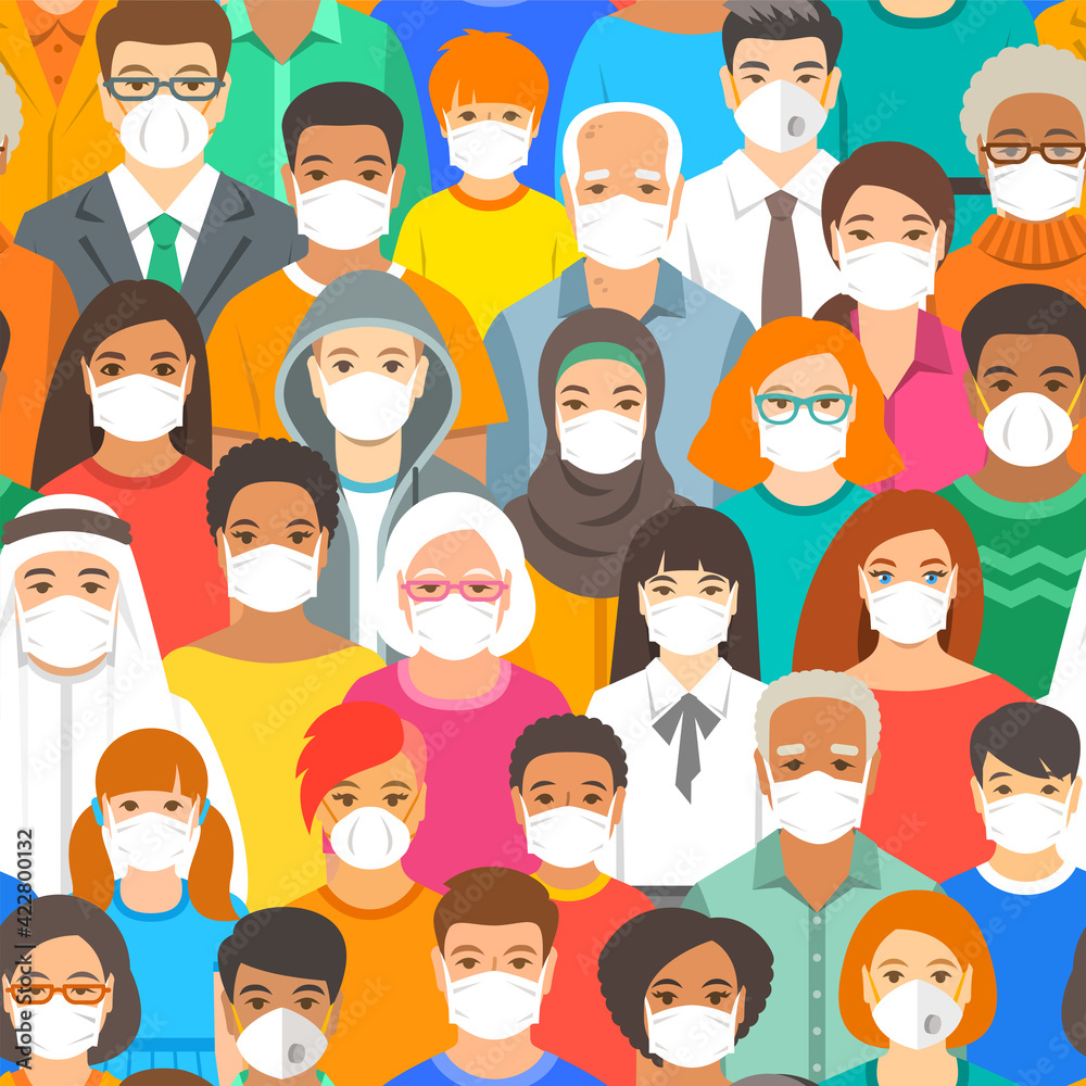 Random people in medical masks flat vector seamless pattern. Large multiracial group of people wearing coronavirus protective masks, men, women, young, senior, adults, kids. Concept of New normal