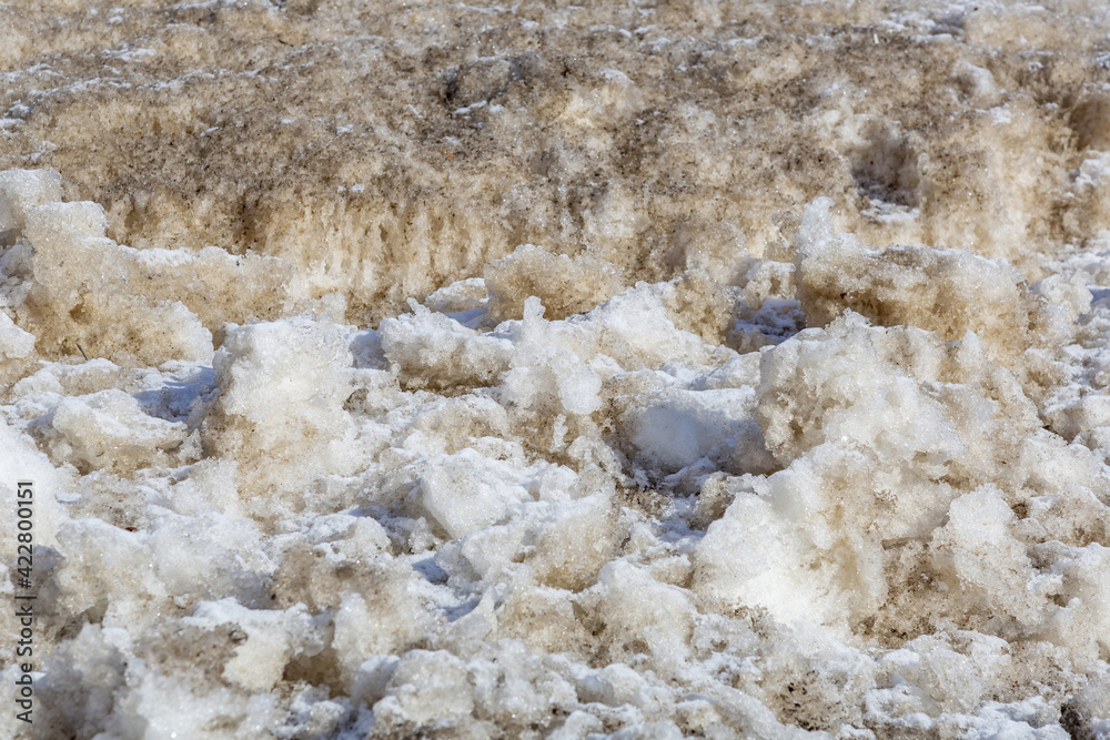 Textured surface of dirty melting snow with ground and soil Textured surface of dirty melting snow with ground and soil