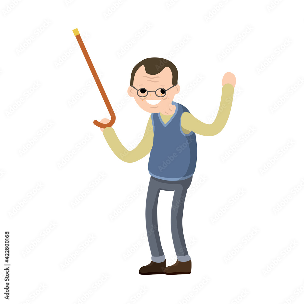 Funny old man with cane. Senior point direction. gesture of raised hands up. Active Lifestyle and recreation grandfather. Cartoon flat illustration Funny old man with cane. Senior point direction. gesture of raised hands up. Active Lifestyle and recreation grandfather. Cartoon flat illustration