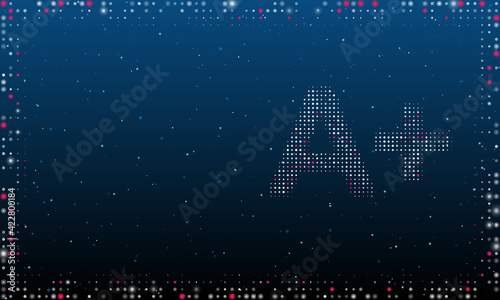 On the right is the A plus symbol filled with white dots. Pointillism style. Abstract futuristic frame of dots and circles. Some dots is pink. Vector illustration on blue background with stars