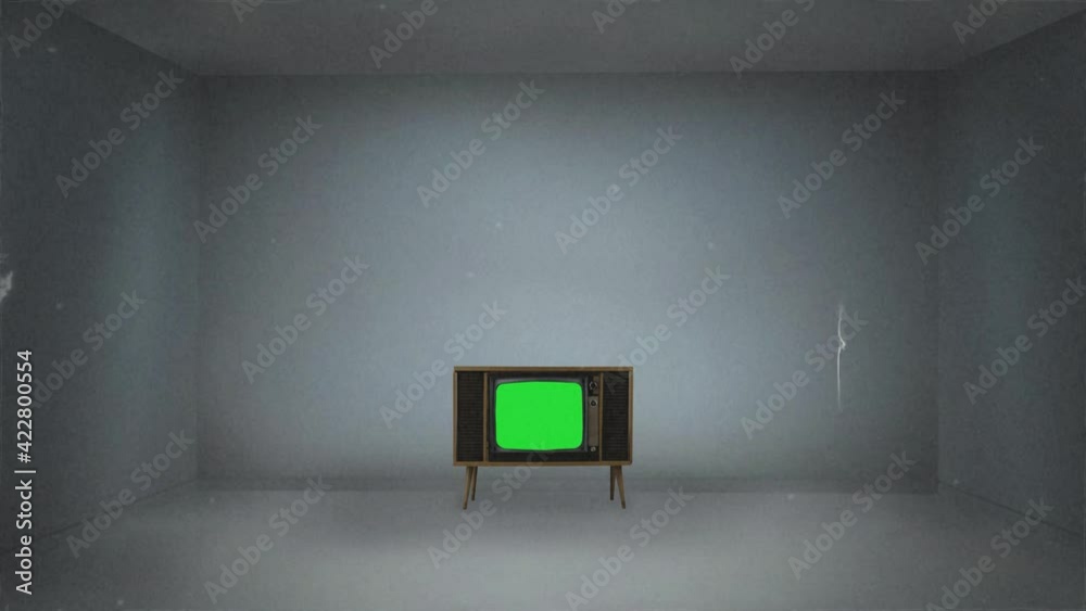 animated green screen empty room with old tv and old movie effect Stock