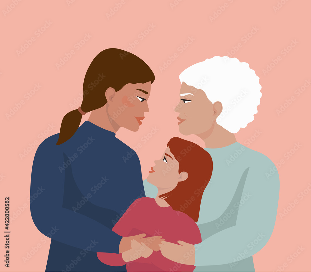 Three women of different ages and hair colors embrace each other. Grandmother, mother, daughter and granddaughter of the same family. The concept of happiness, care, and love. Vector graphics.
