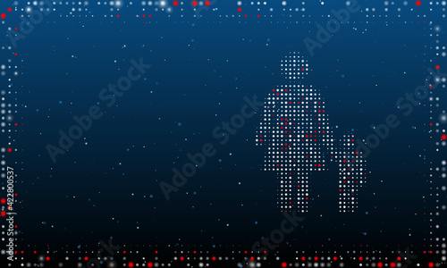 On the right is the woman with child symbol filled with white dots. Abstract futuristic frame of dots and circles. Vector illustration on blue background with stars