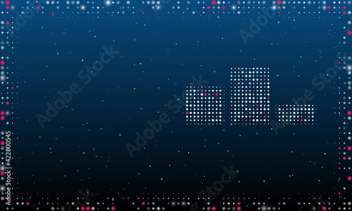 On the right is the winners podium symbol filled with white dots. Pointillism style. Abstract futuristic frame of dots and circles. Some dots is pink. Vector illustration on blue background with stars