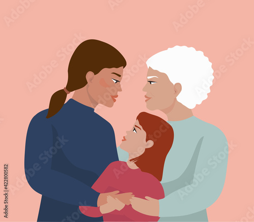 Three women of different ages and hair colors embrace each other. Grandmother, mother, daughter and granddaughter of the same family. The concept of happiness, care, and love. Vector graphics.