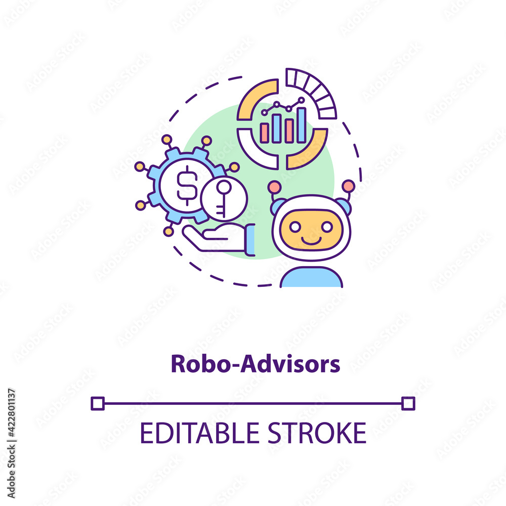 Robo-advisors concept icon. Broker type idea thin line illustration. Human supervision absence. Automated financial planning tools. Vector isolated outline RGB color drawing. Editable stroke