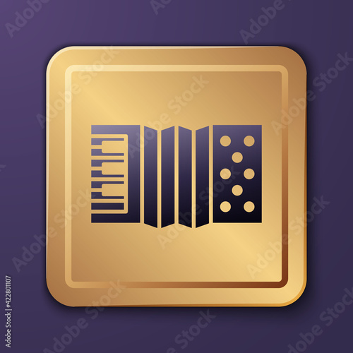 Purple Musical instrument accordion icon isolated on purple background. Classical bayan, harmonic. Gold square button. Vector