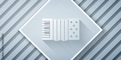Paper cut Musical instrument accordion icon isolated on grey background. Classical bayan, harmonic. Paper art style. Vector