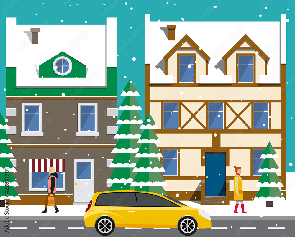 Modern car parking along town street in cartoon style. Vehicles car on city street Modern car parking along town street in cartoon style. Vehicles car on city street