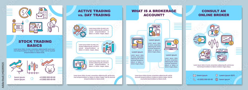 Stock trading basics brochure template. Active trading. Flyer, booklet, leaflet print, cover design with linear icons. Vector layouts for presentation, annual reports, advertisement pages