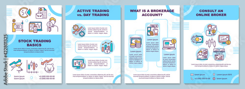 Stock trading basics brochure template. Active trading. Flyer, booklet, leaflet print, cover design with linear icons. Vector layouts for presentation, annual reports, advertisement pages