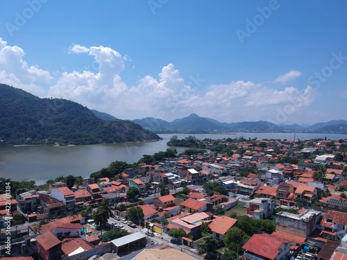 Aerial view of the Piratininga lagoon in Niterói, Rio de Janeiro. Sunny day. Drone photo