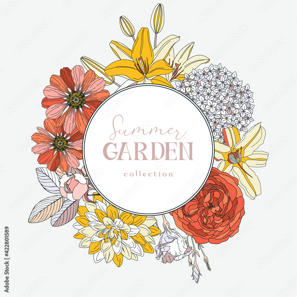 Vector wreath with summer flowers - dahlia, hydrangea, lily, rose, zinnia. Floral frame for greeting card and invitation. Can be used for event or wedding design. Botanical illustration Vector wreath with summer flowers - dahlia, hydrangea, lily, rose, zinnia. Floral frame for greeting card and invitation. Can be used for event or wedding design. Botanical illustration