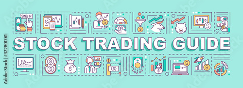 Stock trading guide word concepts banner. Basic steps for begginer stock traders. Infographics with linear icons on cyan background. Isolated typography. Vector outline RGB color illustration