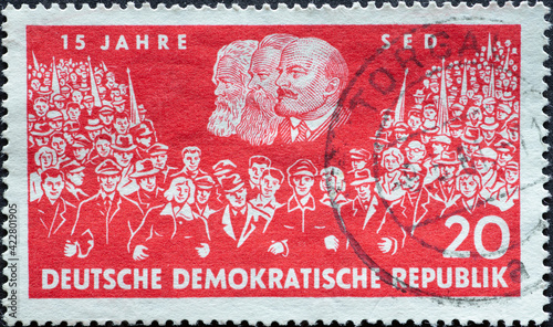 Obraz na plátně GERMANY, DDR - CIRCA 1961 : a postage stamp from Germany, GDR showing the union