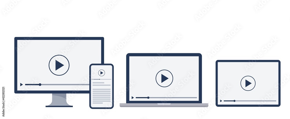 Set with digital devices. Computer, laptop, tablet, and smartphone. Vector flat illustration. Set with digital devices. Computer, laptop, tablet, and smartphone. Vector flat illustration.