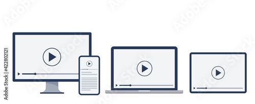 Set with digital devices. Computer, laptop, tablet, and smartphone. Vector flat illustration.
