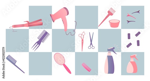 Hairdressing professional tools. A set of tools for a hair stylist.Multi-colored tools for a hair salon. Comb, Coloring brush, Bowl, Clip, Scissors, Scissors, Spray 