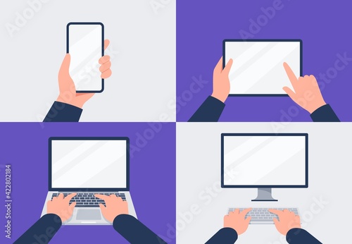 Set of modern digital devices in hands. Computer, laptop, tablet, and smartphone. Vector flat illustration.